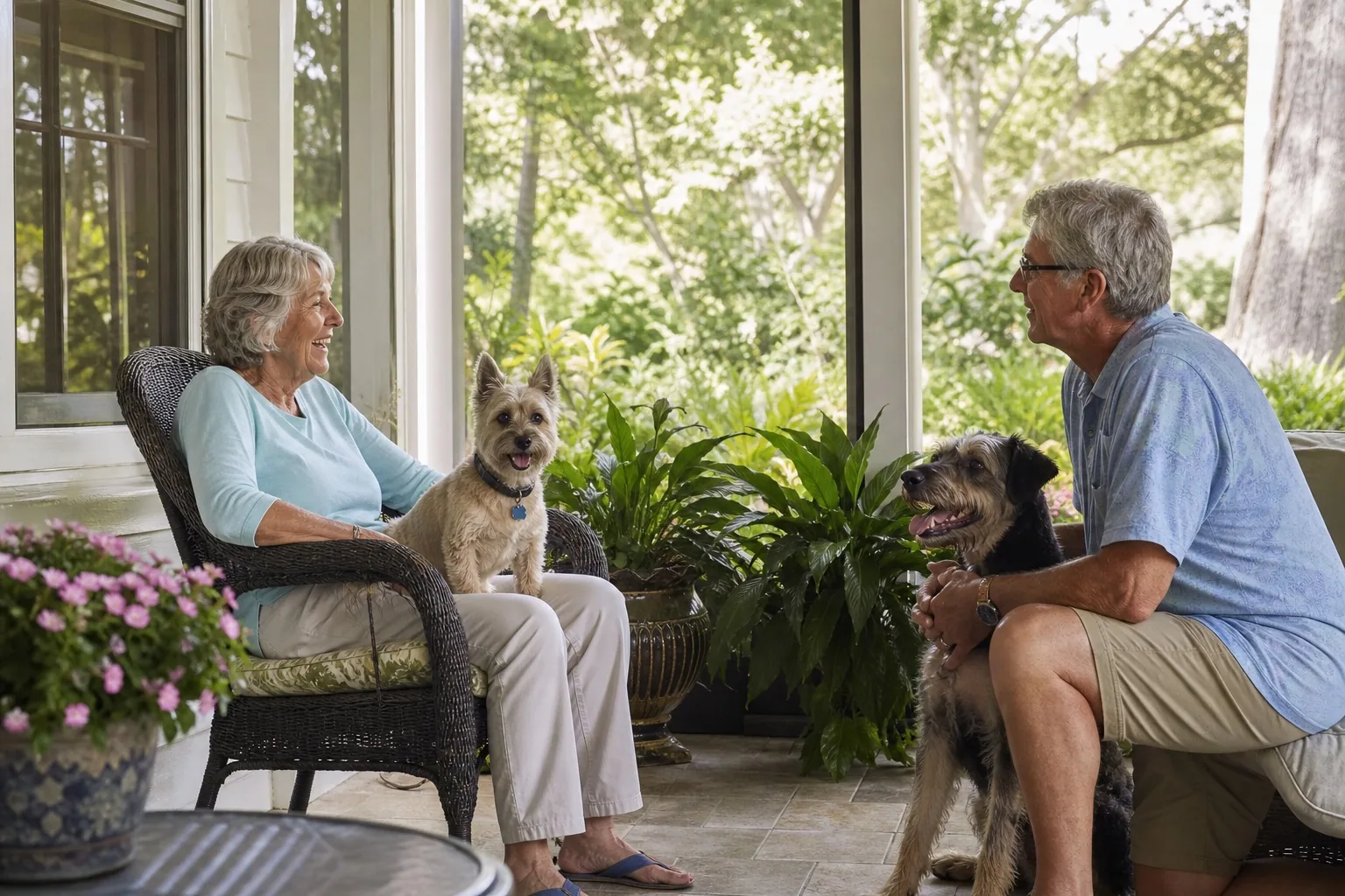 Two older neighbors relaxing with their dogs on a shaded Florida veranda