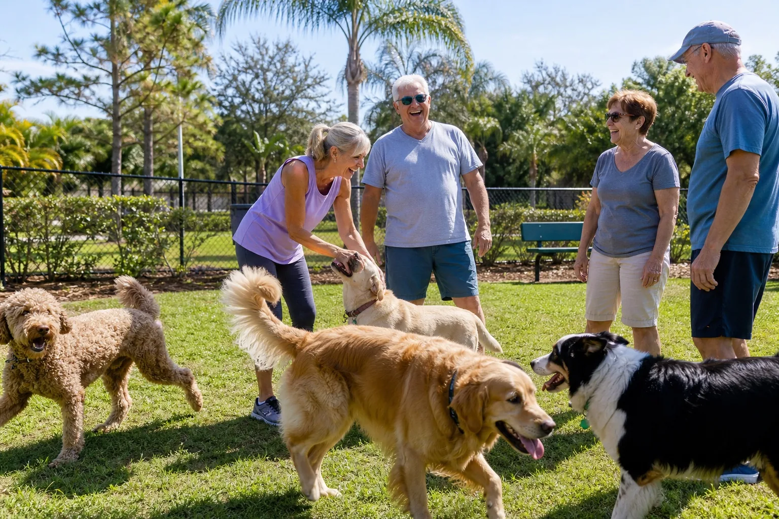 Older neighbors enjoying a sunny Florida dog park together