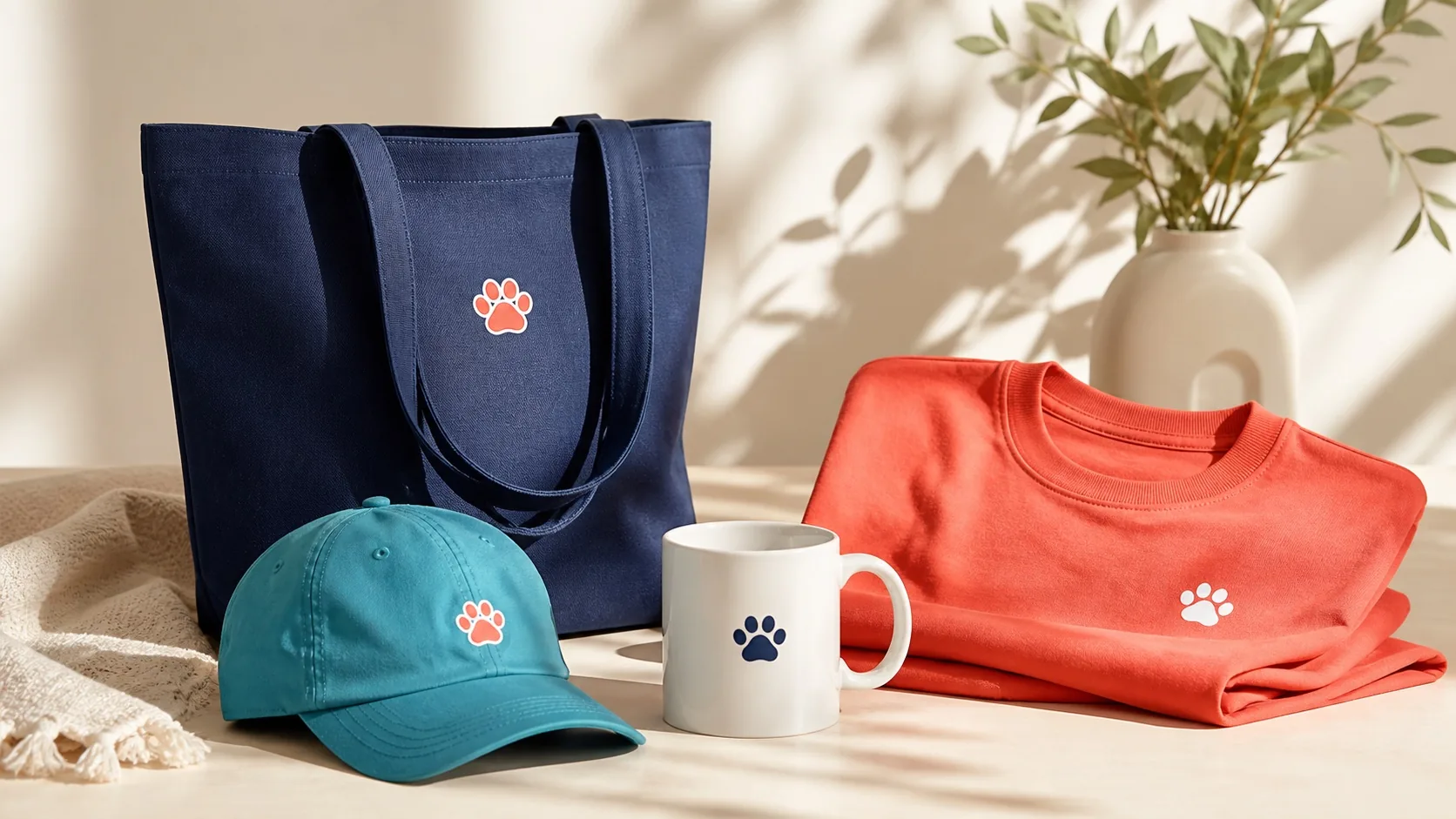 A navy tote, turquoise cap, white mug, and coral shirt with coordinated paw-print motifs