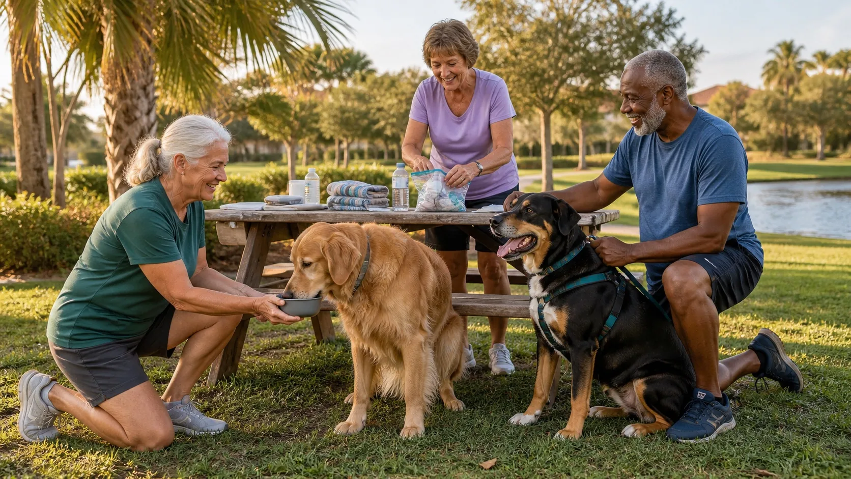 Older volunteers caring for dogs together in a sunny Florida community park